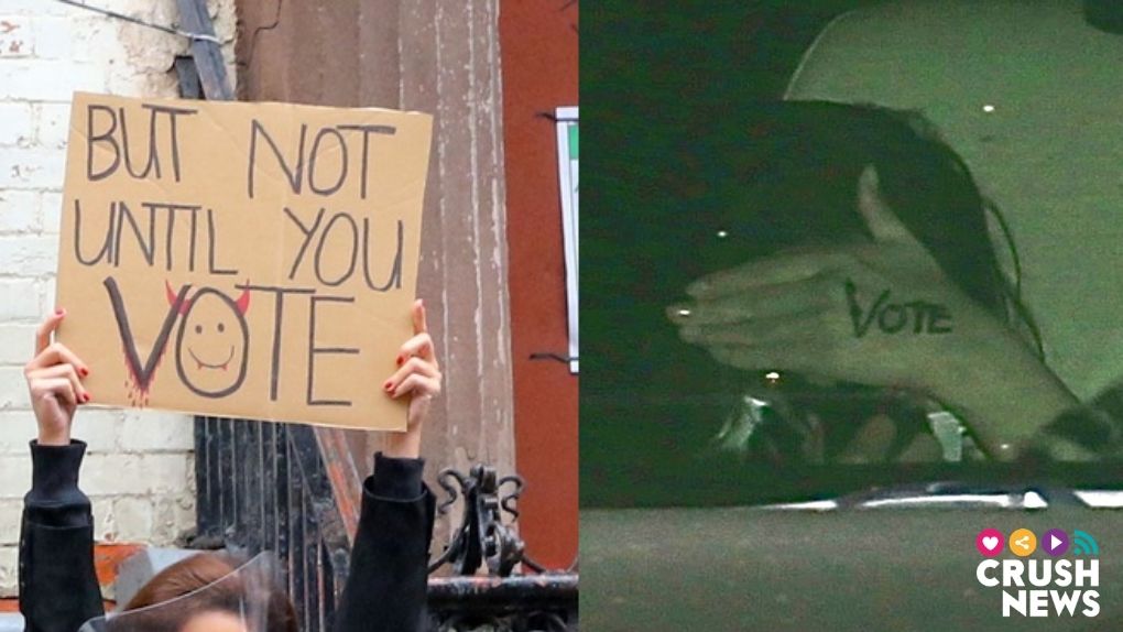 Dos mensajes invitando al voto, uno es un cartel y el otro está pintado en una mano
