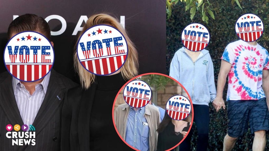 Tres parejas de celebrities con el rostro cubierto por un sello de voto