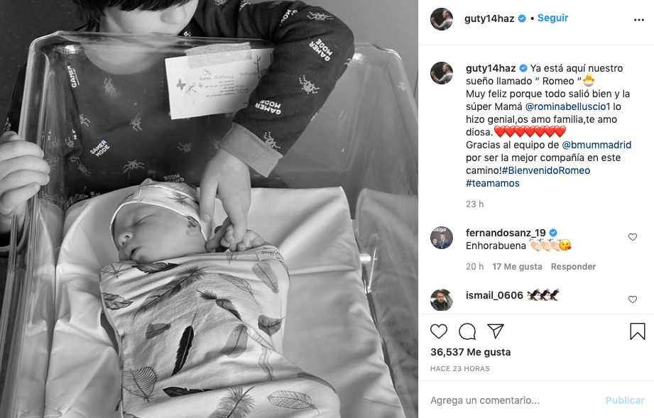 Post de instagram de Guti dando la bienvenida a su hijo recién nacido