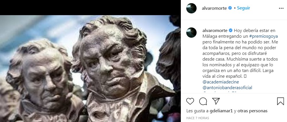 Larga vida al cine español Alvaro Morte se disculpa por no poder entregar premios Goya en Madrid