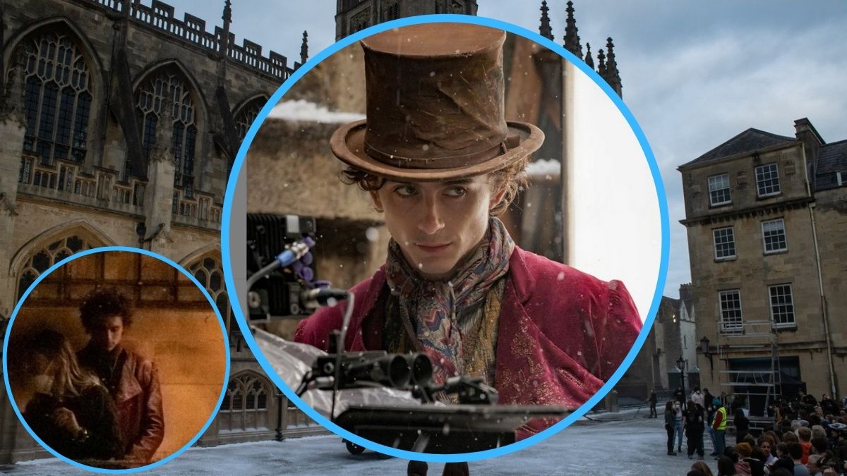 El protagonista en el centro y a la izquierda, una de las fotos exclusivas de Timothée Chalamet rodando Wonka. Al fondo, los exteriores donde se estuvo rodando