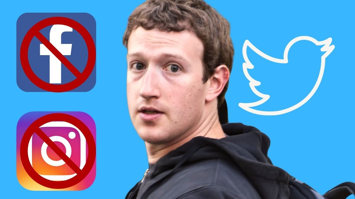 Primer plano de Zuckerberg con los logotipos de Facebook e Instagram con la señal de prohibido encima y el de Twitter al otro lado, como generador de todos los memes de Zuckerberg